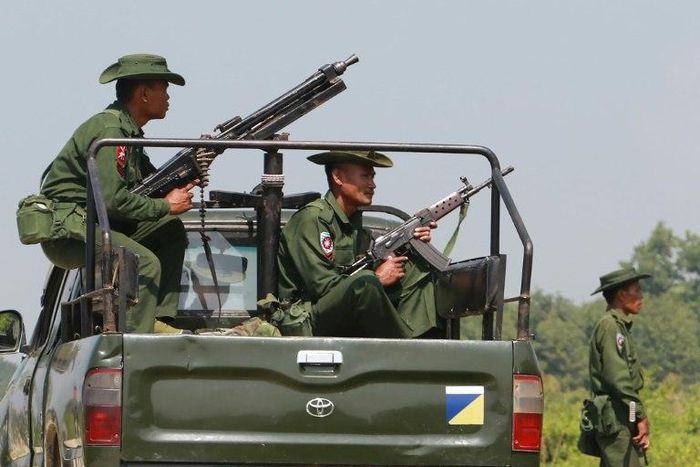 Myanmar troops patrol in Rakhine State, near the Bangladesh border, in October 2016