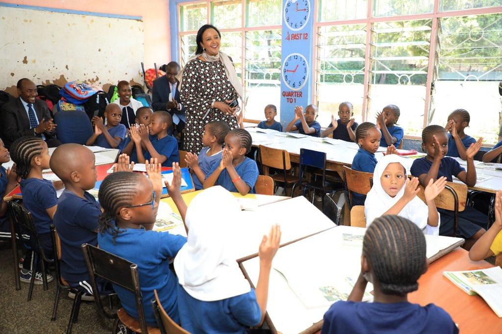 Education CS Amina Mohamed during a lesson at Hospital Hill Primary School
