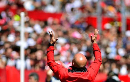 Sevilla's coach Jorge Sampaoli reacts during a Spanish league football match against Real Sporting de Gijon on April 2, 2017