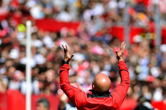 Sevilla's coach Jorge Sampaoli reacts during a Spanish league football match against Real Sporting de Gijon on April 2, 2017