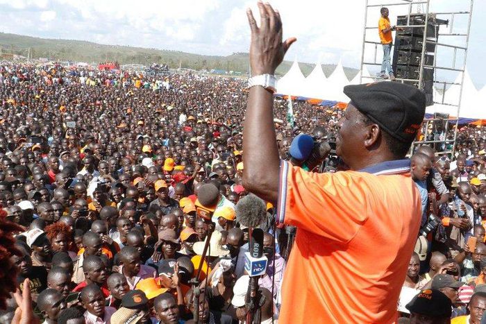 ODM leader Raila Odinga addresses supprters at Kirembe grounds in Kisumu countylast year.
