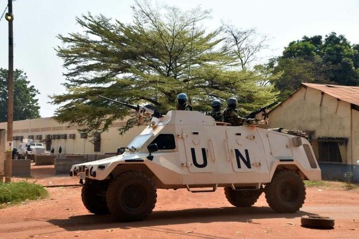 Peacekeepers from the MINUSCA mission of the United Nations patrol on January 2, 2016 in Bangui