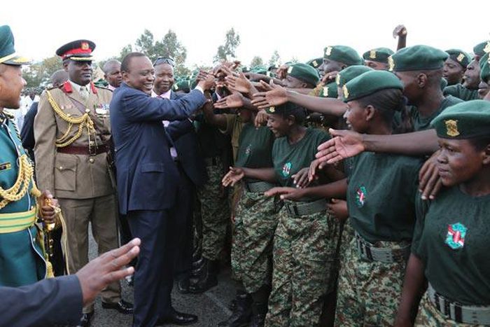 President Uhuru Kenyatta greets National Youth Service recruits after a parade at the NYS college in Gilgil on September 10, 2014.