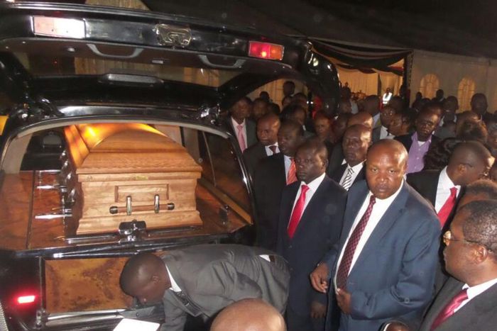 The casket bearing the late Ndreritu Gachagua is received by various leaders at JKIA, March 2, 2017.