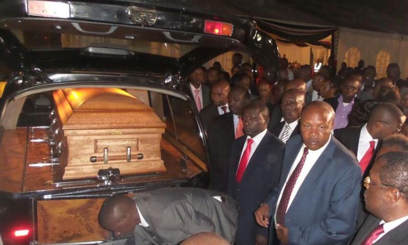The casket bearing the late Ndreritu Gachagua is received by various leaders at JKIA, March 2, 2017.