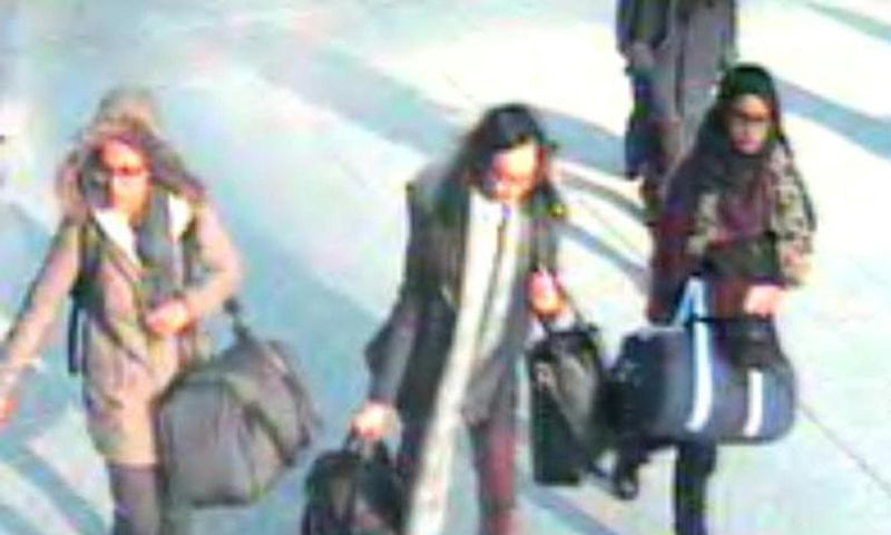 British teenagers (L-R) Amira Abase, Kadiza Sultana and Shamima Begum were pictured leaving from Gatwick Airport, south of London in February 2015