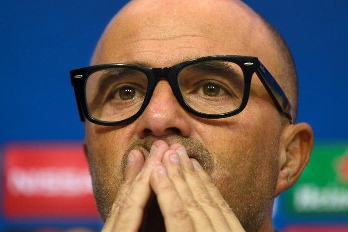 Jorge Sampaoli listens to questions during a press conference at the Ramon Sanchez Pizjuan stadium in Sevilla, on February 21, 2017