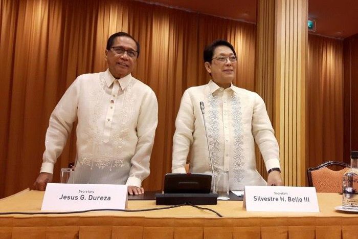 Philippines' Presidential Advisers on the Peace Process Jesus Dureza (L) and Silvestre H. Bello III take part in a meeting as part of the peace talks between the Government of the Philippines and the NDF on April 2, 2017