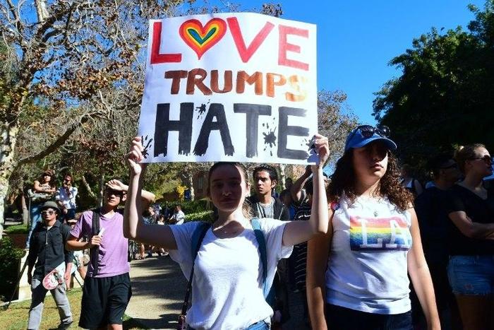 University of California Los Angeles students march through campus during a "Love trumps Hate" rally