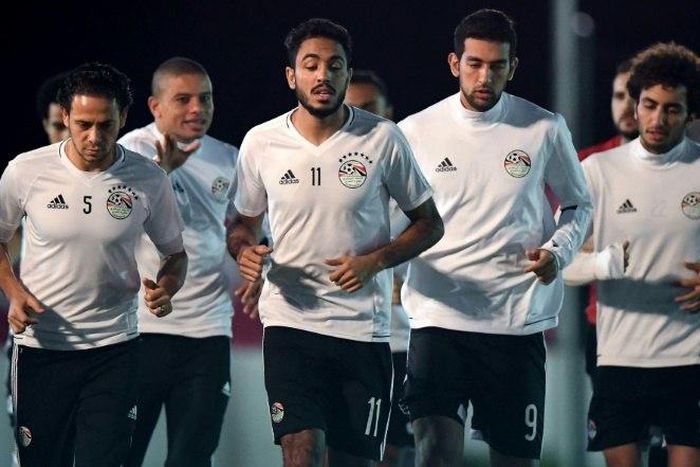 Egypt's players take part in a training session in Port-Gentil on January 22, 2017, during the 2017 Africa Cup of Nations tournament in Gabon
