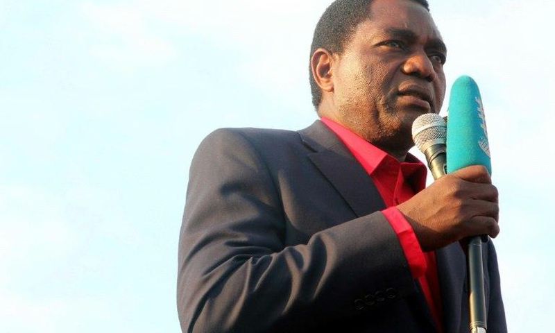 Main Zambian opposition party United Party for National Development presidential candidate Hakainde Hichilema delivers a speech during a presidential campaign rally on August 10, 2016 in Lusaka