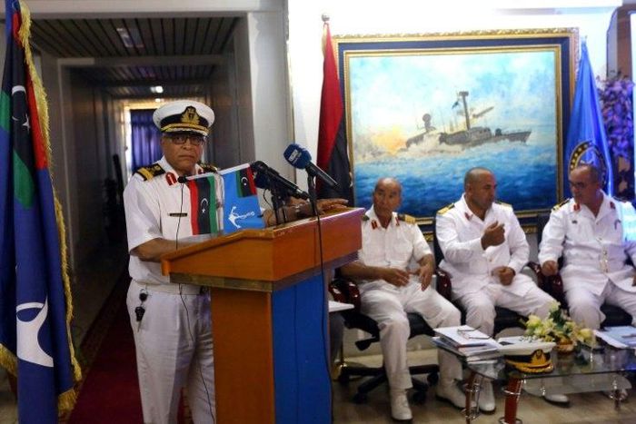 Abdullah Tomia, chairman of a Libyan-Italian committee to curb illegal immigration, calls for Italy to arms its patrol boats to combat people trafficking, at a news conference in the Libyan capital Tripoli, on May 18, 2017.