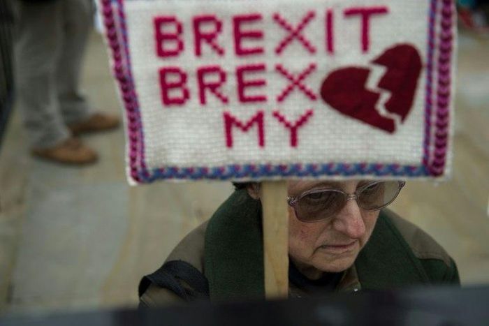 An anti-Brexit protester opposite Downing Street on Wednesday after Britain formally began the process of withdrawal from the EU