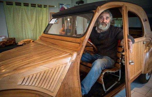 French cabinetmaker Michel Robillard took six years to craft a lifesize and fully operational handbuilt wooden 2CV Citroen Car