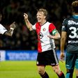 Dirk Kuyt of Feyenoord Rotterdam celebrates the 3-0 score with his teammates during the Dutch Eredivisie soccer match in Rotterdam on April 5, 2017