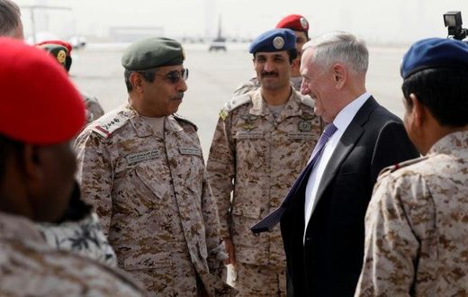 Saudi Armed Forces Chief of Joint Staff General Abdul Rahman al-Banyan welcomes US Defence Secretary Jim Mattis to Riyadh on April 18, 2017