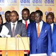 File image of ODM leaders together with party leader Raila Odinga addressing the press