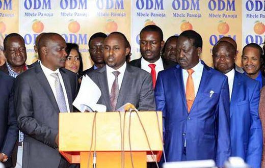 File image of ODM leaders together with party leader Raila Odinga addressing the press