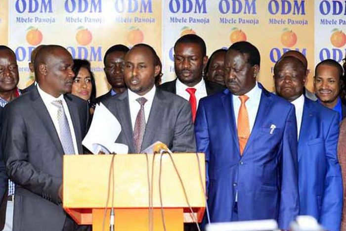 File image of ODM leaders together with party leader Raila Odinga addressing the press