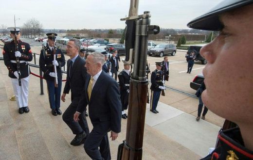 US Secretary of Defense James Mattis (R) welcomes Jens Stoltenberg, Secretary General of the North Atlantic Treaty Organization(NATO) to the Pentagon
