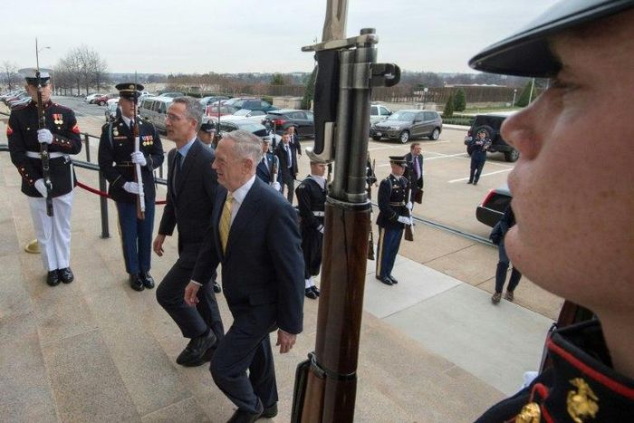 US Secretary of Defense James Mattis (R) welcomes Jens Stoltenberg, Secretary General of the North Atlantic Treaty Organization(NATO) to the Pentagon