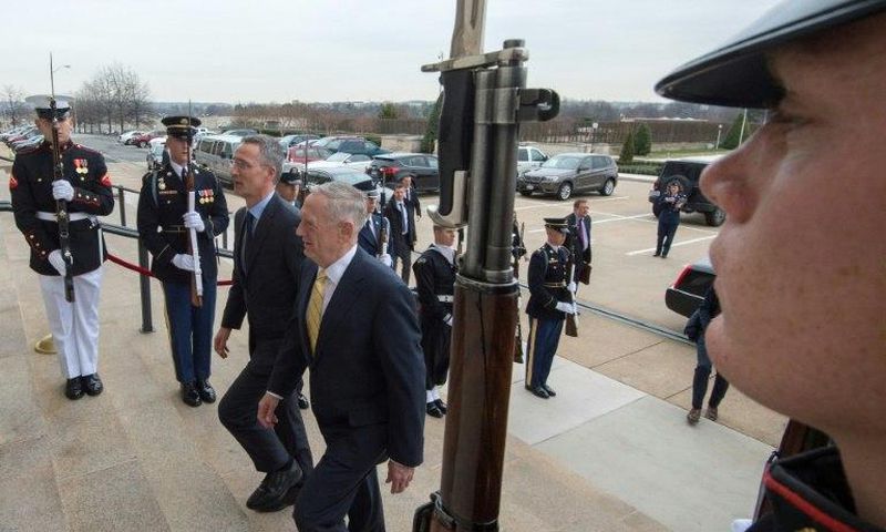US Secretary of Defense James Mattis (R) welcomes Jens Stoltenberg, Secretary General of the North Atlantic Treaty Organization(NATO) to the Pentagon