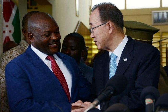 Burundian President Pierre Nkurunziza (L), seen with then-UN Secretary General Ban Ki Moon in 2016, has been the country's leader since 2005