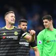 Chelsea's Gary Cahill (2nd L) celebrates with teammates their English Premier League victory against Everton, at Goodison Park in Liverpool, on April 30, 2017