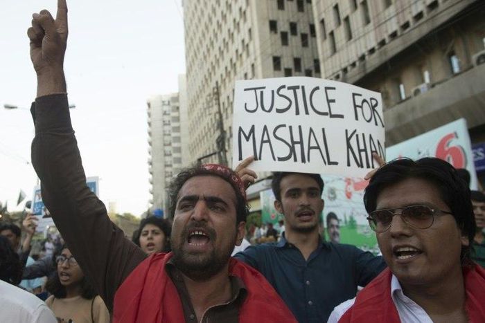 Activists shout slogans during a protest in Karachi on April 14, 2017, against the killing of student Mashal Khan by his classmates