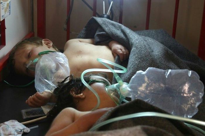 Syrian children receive treatment in the town of Maaret al-Noman, following a suspected chemical weapons attack in Khan Sheikhun, a nearby rebel-held town in Syria’s northwestern Idlib province, on April 4, 2017