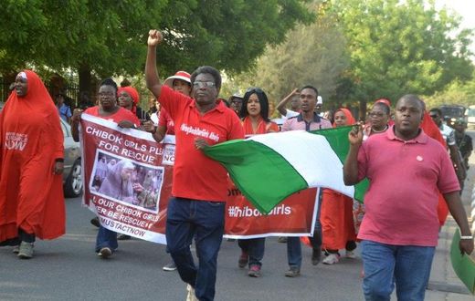 Activists of the online movement #bringbackourgirls demonstrate during a march in Abuja, on January 8, 2017, to mark the 1000 days since the mass abduction of the Chibok school girls