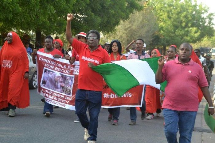 Activists of the online movement #bringbackourgirls demonstrate during a march in Abuja, on January 8, 2017, to mark the 1000 days since the mass abduction of the Chibok school girls