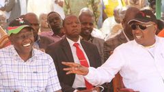 Deputy President William Ruto ( left) and Baringo Senator Gideon Moi during the Kimalel Baringo County goat auction on December 20, 2014.