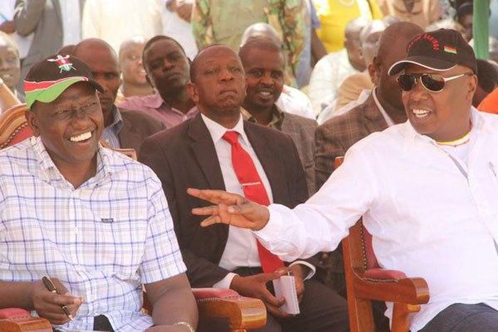Deputy President William Ruto ( left) and Baringo Senator Gideon Moi during the Kimalel Baringo County goat auction on December 20, 2014.