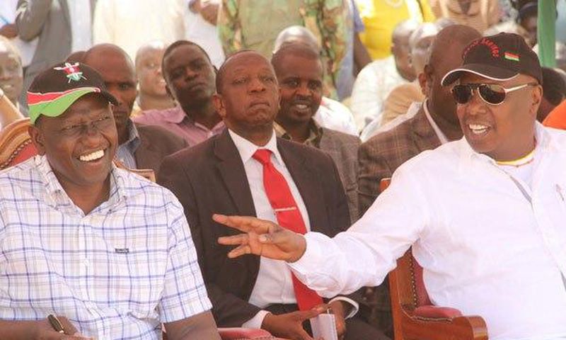 Deputy President William Ruto ( left) and Baringo Senator Gideon Moi during the Kimalel Baringo County goat auction on December 20, 2014.