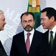 (L-R) US Secretary of State Rex Tillerson, Mexican Foreign Minister Luis Videgaray and Mexican Interior Minister Miguel Angel Osorio Chong greet each other during a press conference at the Foreign Ministry building in Mexico City on February 23, 2017