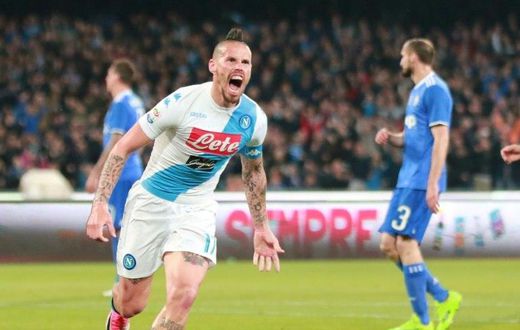 Napoli's midfielder Marek Hamsik celebrates after scoring against Juventus on April 2, 2017 at the San Paolo Stadium