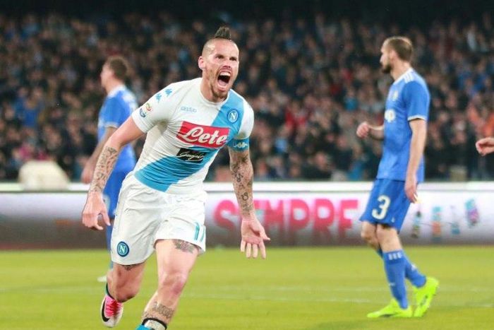 Napoli's midfielder Marek Hamsik celebrates after scoring against Juventus on April 2, 2017 at the San Paolo Stadium