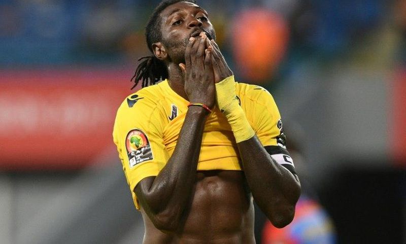 Togo's forward Emmanuel Adebayor reacts after missing a goal opportunity during the 2017 Africa Cup of Nations group C football match between Togo and DR Congo in Port-Gentil on January 24, 2017