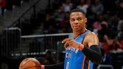 Russell Westbrook of the Oklahoma City Thunder calls out to his teammates during the game against the Atlanta Hawks on December 5, 2016 in Atlanta