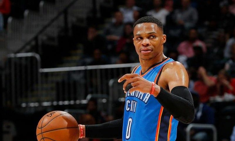 Russell Westbrook of the Oklahoma City Thunder calls out to his teammates during the game against the Atlanta Hawks on December 5, 2016 in Atlanta