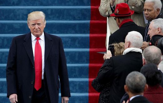 President Donald Trump giving his inaugural address on January 20.