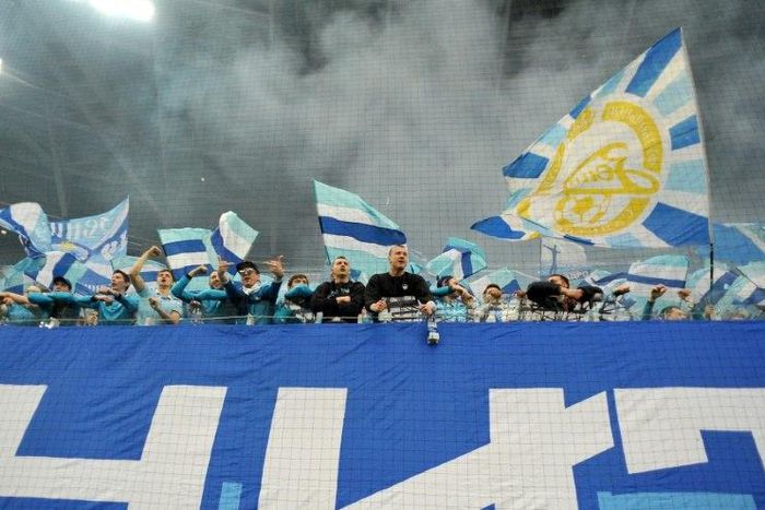 FC Zenit's fans cheer for their team during a Russian League football match