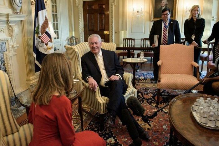 Canadian Foreign Minister Chrystia Freeland and US Secretary of State Rex Tillerson speak before a meeting at the US Department of State February 8, 2017 in Washington, DC