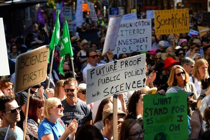Supporters of science and research gather to take part in the March for Science protest in Sydney