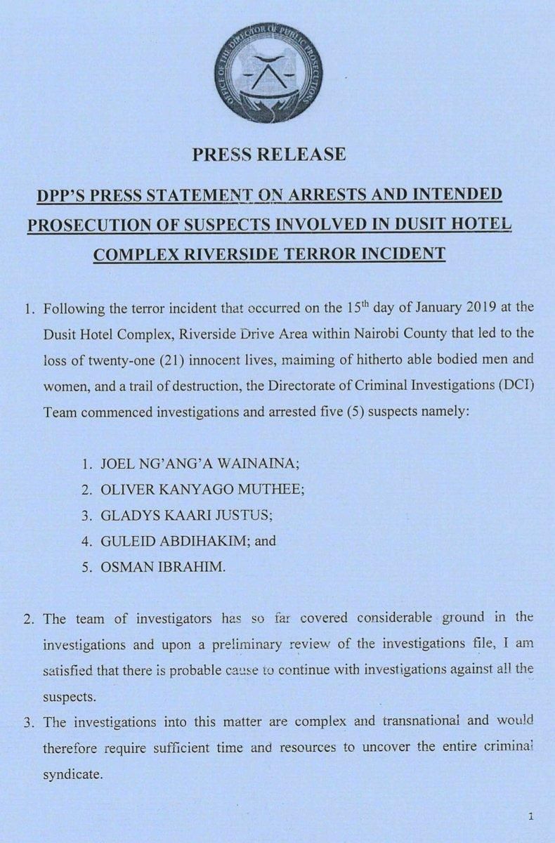 DPP's statement on the Dusit terror attack