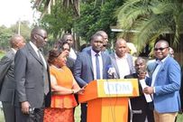 ODM Secretary General Edwin Sifuna (centre) flanked by NEC members addressing the press at a Nairobi hotel