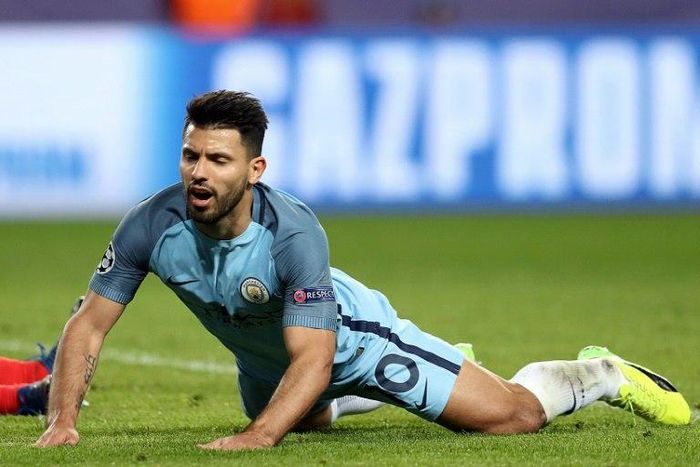 Manchester City's Sergio Aguero reacts to a missed goal opportunity during their UEFA Champions League match against Monaco, at the Stade Louis II in Monaco, on March 15, 2017