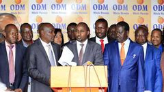 File image of ODM leaders together with party leader Raila Odinga addressing the press at Orange House in Nairobi