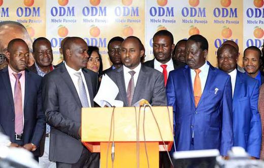 File image of ODM leaders together with party leader Raila Odinga addressing the press at Orange House in Nairobi